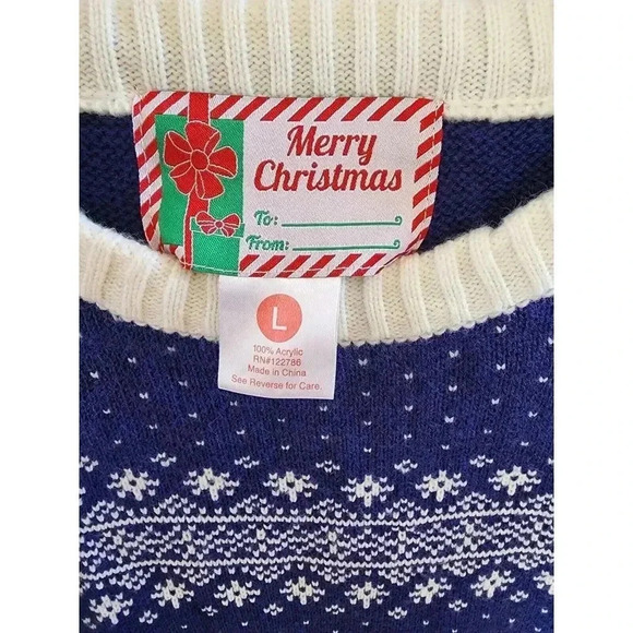 Holiday Christmas Sweater Unisex L Blue Reindeer Snowflake Festive Knit - Picture 2 of 7
